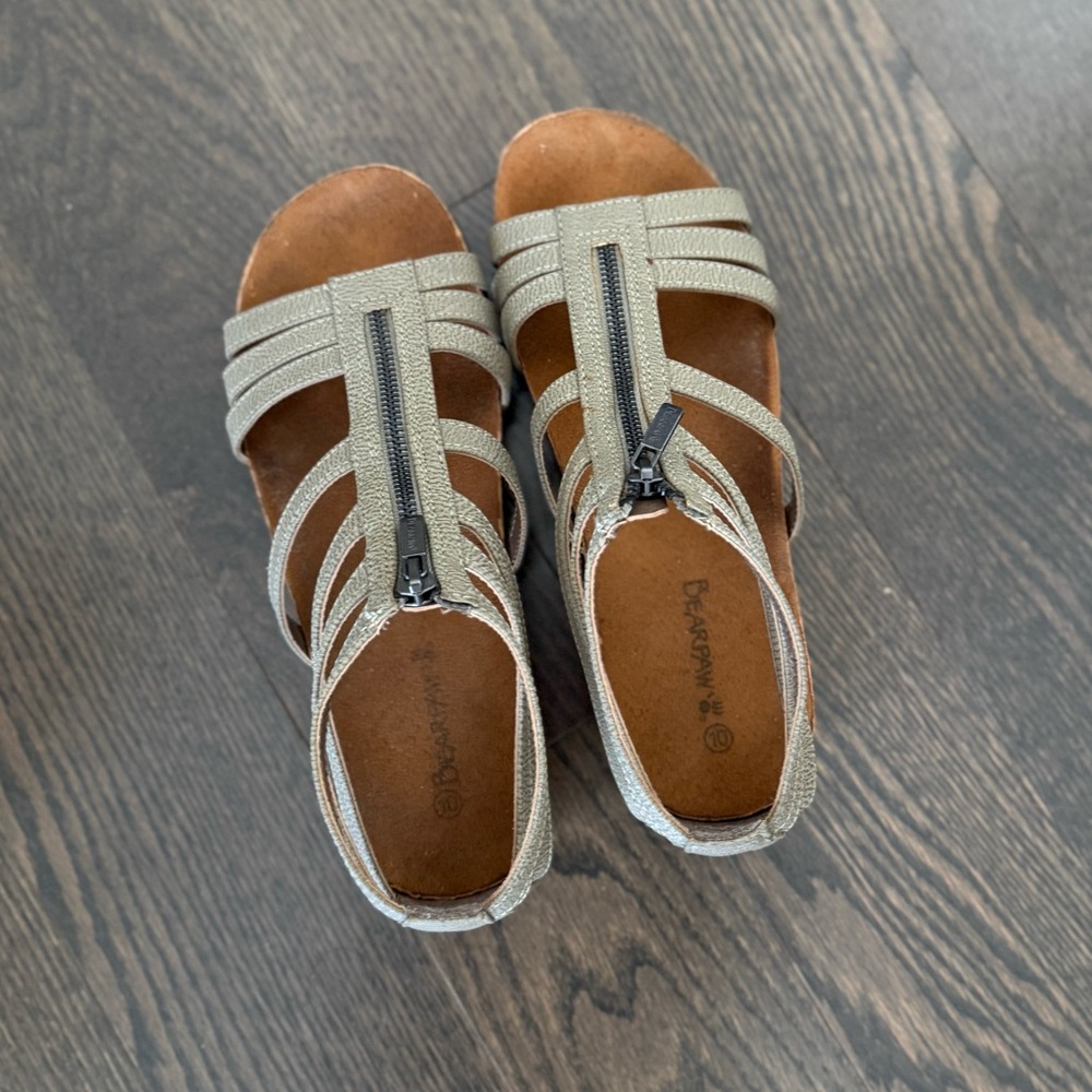 Olive green bear paw sandals.